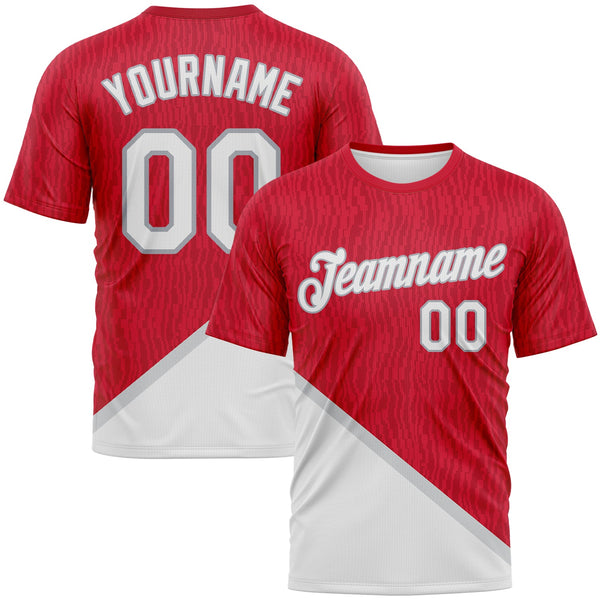 Custom Red White-Gray Subtle Diagonal Split Performance T-Shirt