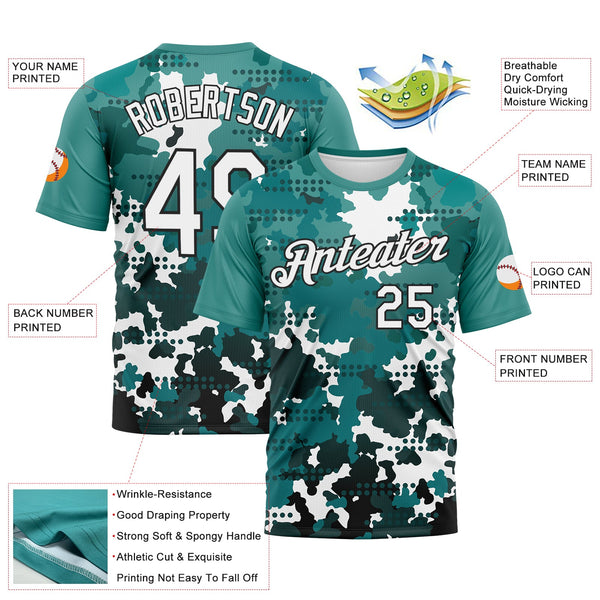 Custom White Teal-Black Camouflage Performance T-Shirt alternate