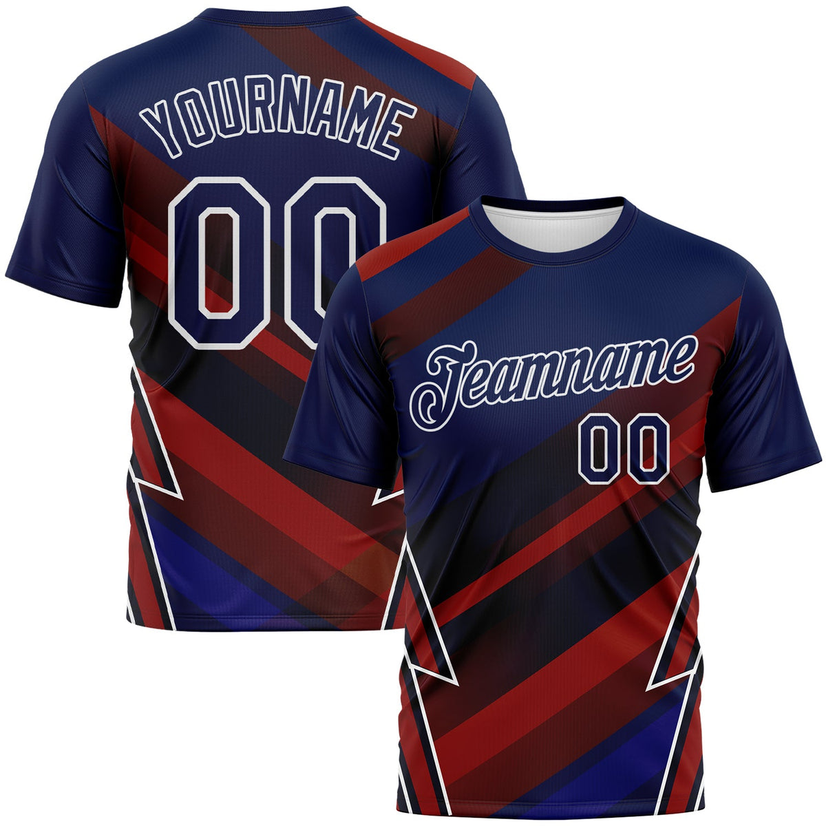 Custom Navy Red-White Diagonal Stripe Lightning Bolt Performance T-Shirt