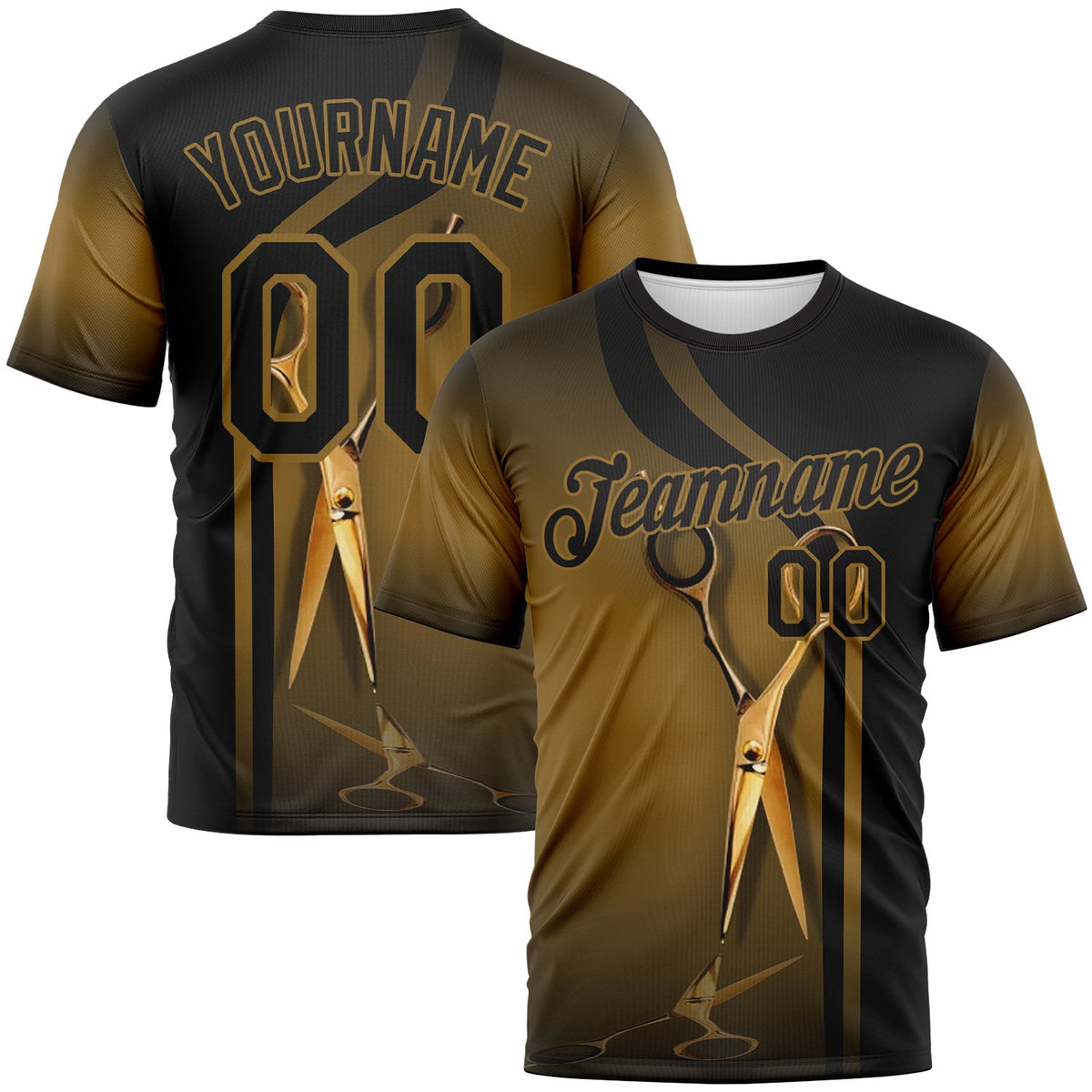 Custom Black-Old Gold Scissors Barber Shop Performance T-Shirt