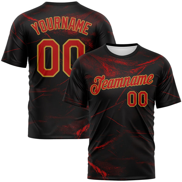 Custom Black Red-Old Gold Marble Texture Performance T-Shirt