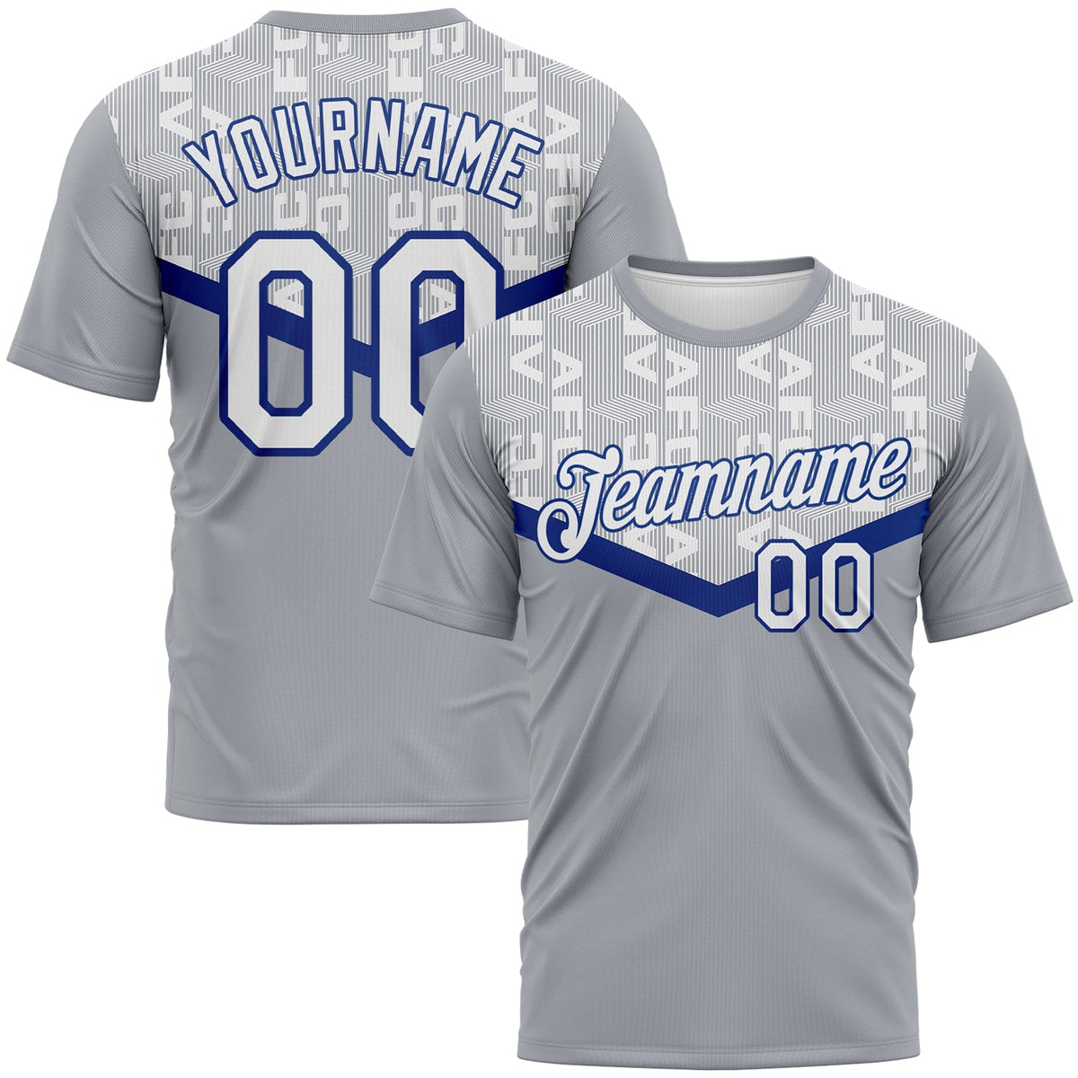 Custom Gray White-Royal Geometric Letter Chevron Stripe Performance T-Shirt