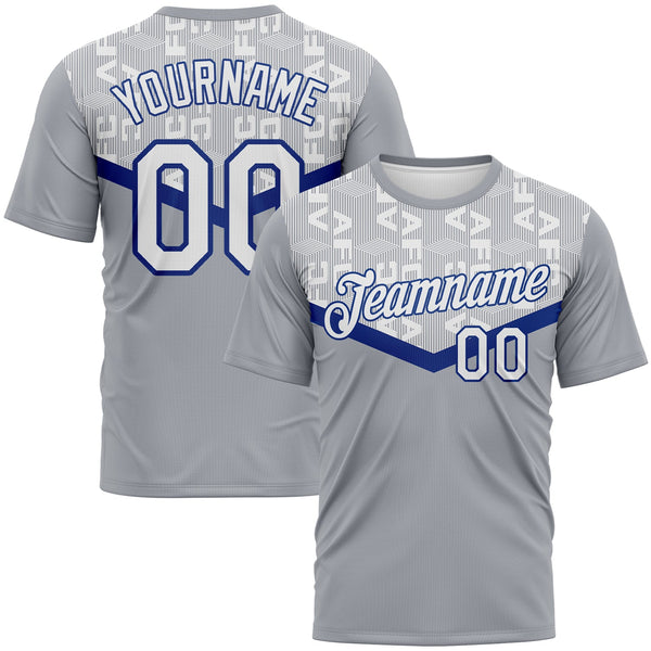 Custom Gray White-Royal Geometric Letter Chevron Stripe Performance T-Shirt