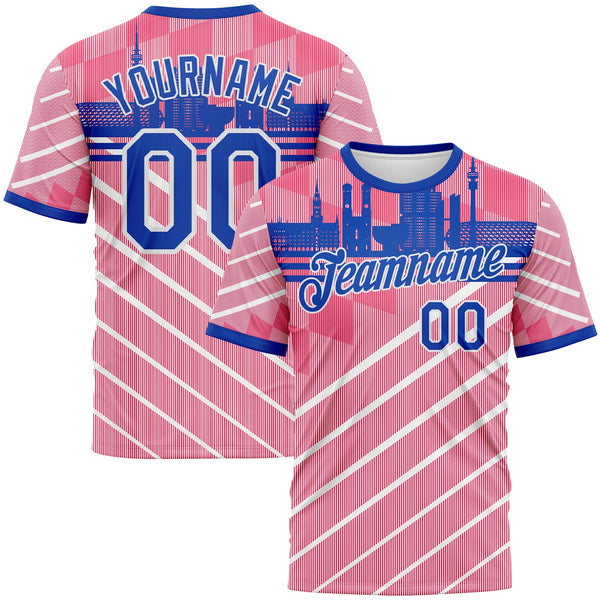 Custom Neon Pink Thunder Blue-White Munich Skyline Diagonal Stripe Performance T-Shirt