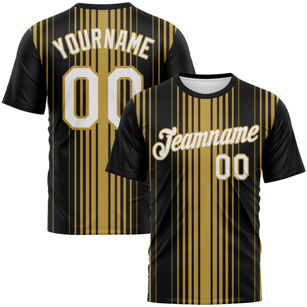 Custom Black White-Old Gold Vertical Stripe Classic Performance T-Shirt