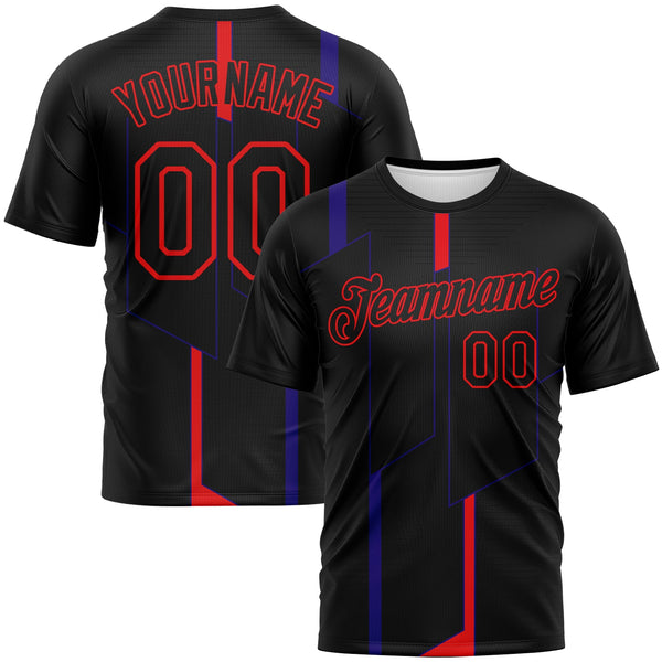 Custom Black Dark Purple-Fire Red Geometric Performance T-Shirt