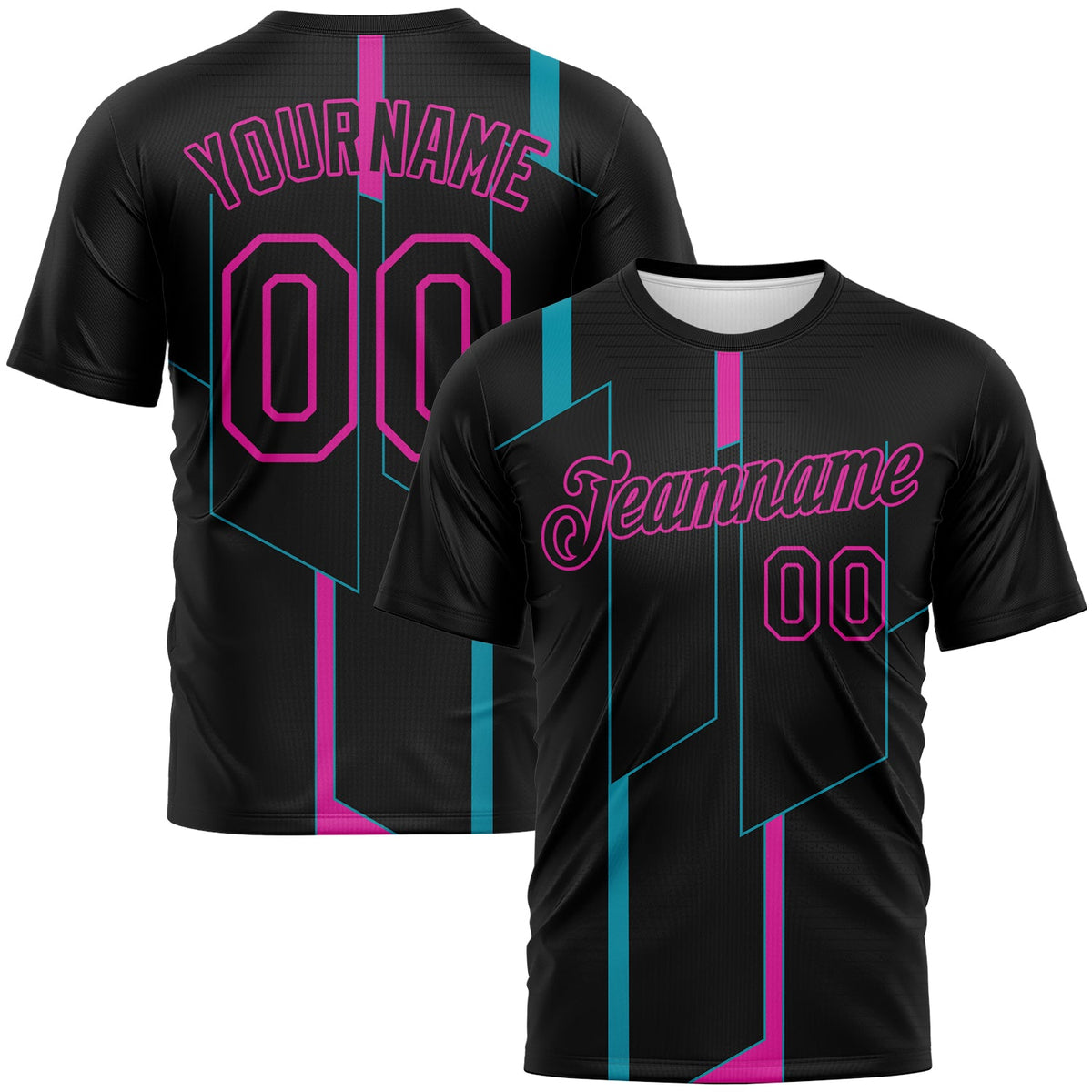 Custom Black Teal-Deep Pink Geometric Performance T-Shirt