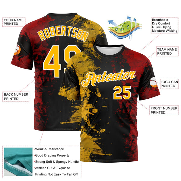 Custom Gold Black Red-White Ink Splash Duotono Style Performance T-Shirt alternate