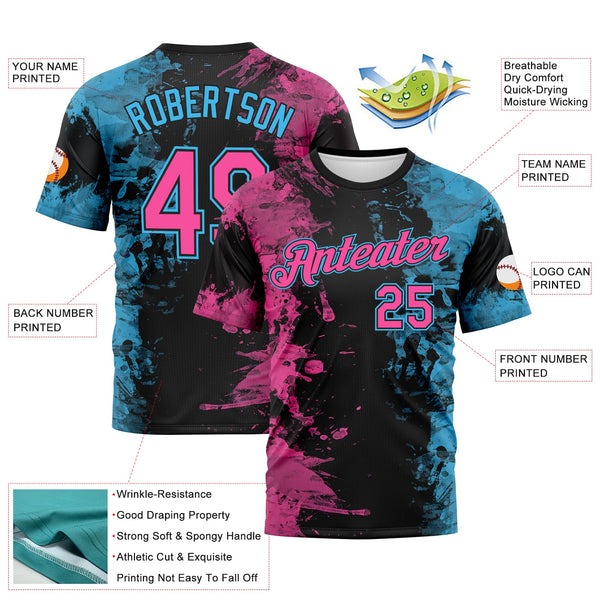 Custom Pink Black-Sky Blue Ink Splash Duotono Style Performance T-Shirt alternate