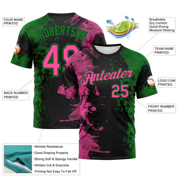 Custom Pink Black-Grass Green Ink Splash Duotono Style Performance T-Shirt alternate