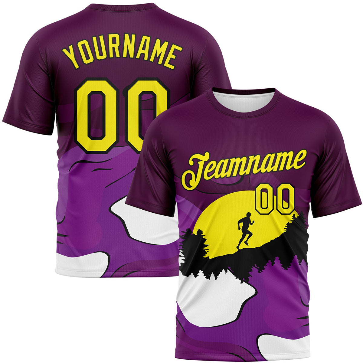 Custom Purple Light Yellow White-Black Brush Stroke Trail Running Mountain Outdoor Sportswear Performance T-Shirt
