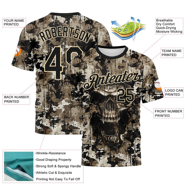Custom Black-City Cream Skull Gothic Distressed Grunge Splatter Performance T-Shirt alternate