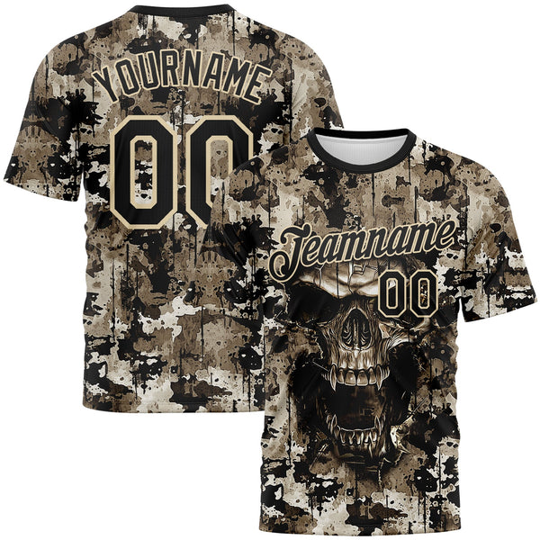Custom Black-City Cream Skull Gothic Distressed Grunge Splatter Performance T-Shirt