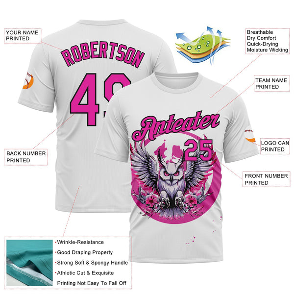 Custom White Deep Pink-Black Animal Owl Mascot Splatter Streetwear Style Performance T-Shirt alternate