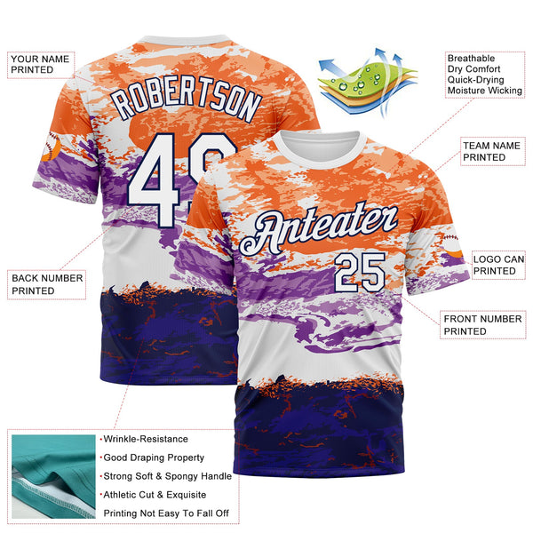 Custom Orange White Purple-Navy Distressed Abstract Paint Stroke Performance T-Shirt alternate