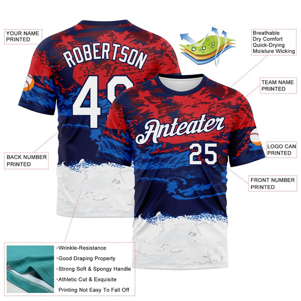 Custom Red White Blue-Navy Distressed Abstract Paint Stroke Performance T-Shirt alternate