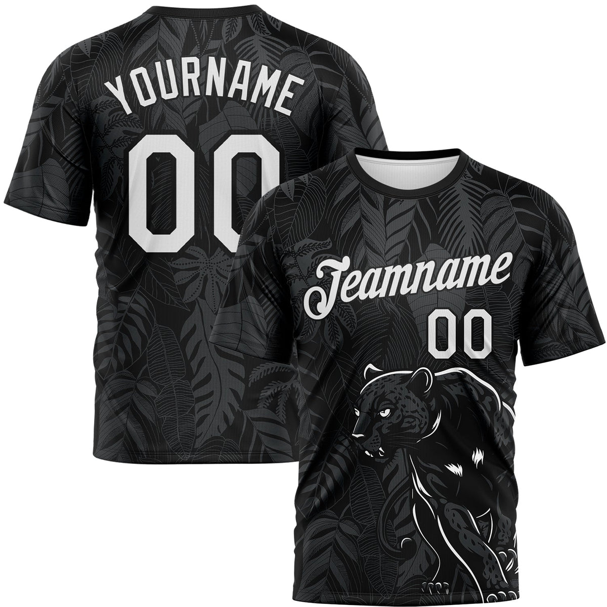 Custom Black White-Gray Animal Panther Mascot Tropical Leaves Performance T-Shirt