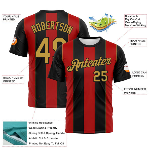 Custom Black Old Gold-Red Stripe Sportswear Performance T-Shirt alternate