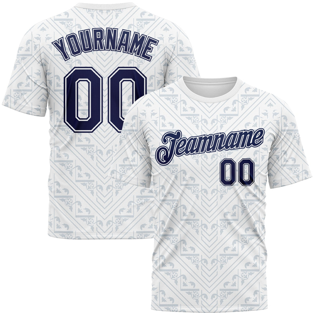 Custom White Navy-Gray Geometric Floral Subtle Sportswear Performance T-Shirt