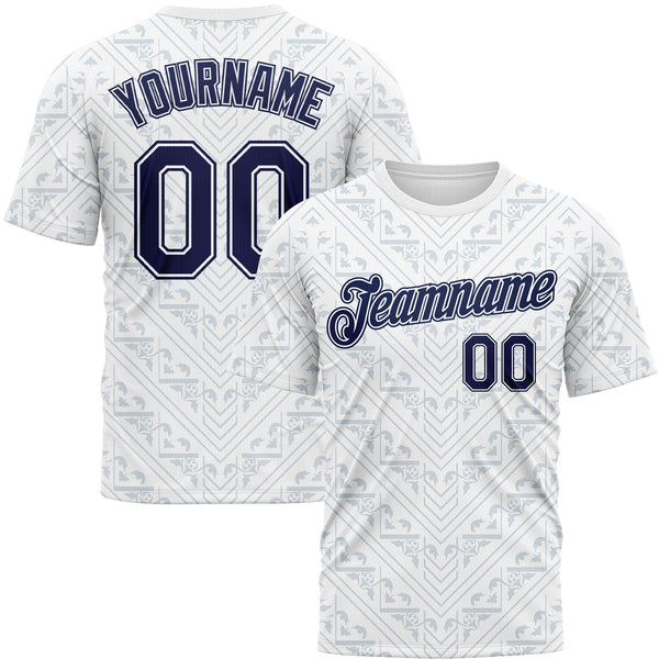 Custom White Navy-Gray Geometric Floral Subtle Sportswear Performance T-Shirt