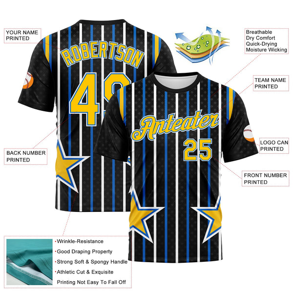 Custom Black Yellow Blue-White Stripe And Star Sportswear Performance T-Shirt alternate