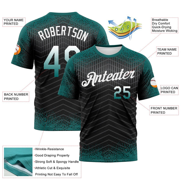 Custom Teal Black-White Gradient Speckle Geometric Sportswear Performance T-Shirt alternate