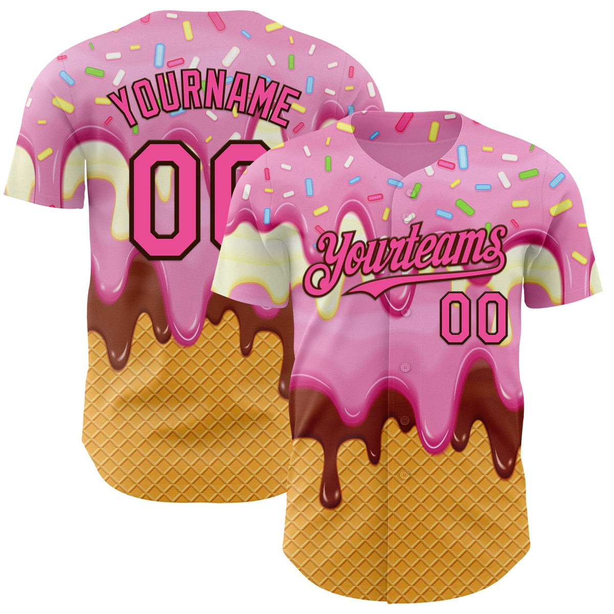 Custom Light Pink Pink Yellow-Brown Foodie Food Dessert Melting Cream Waffle Grid Authentic Baseball Jersey