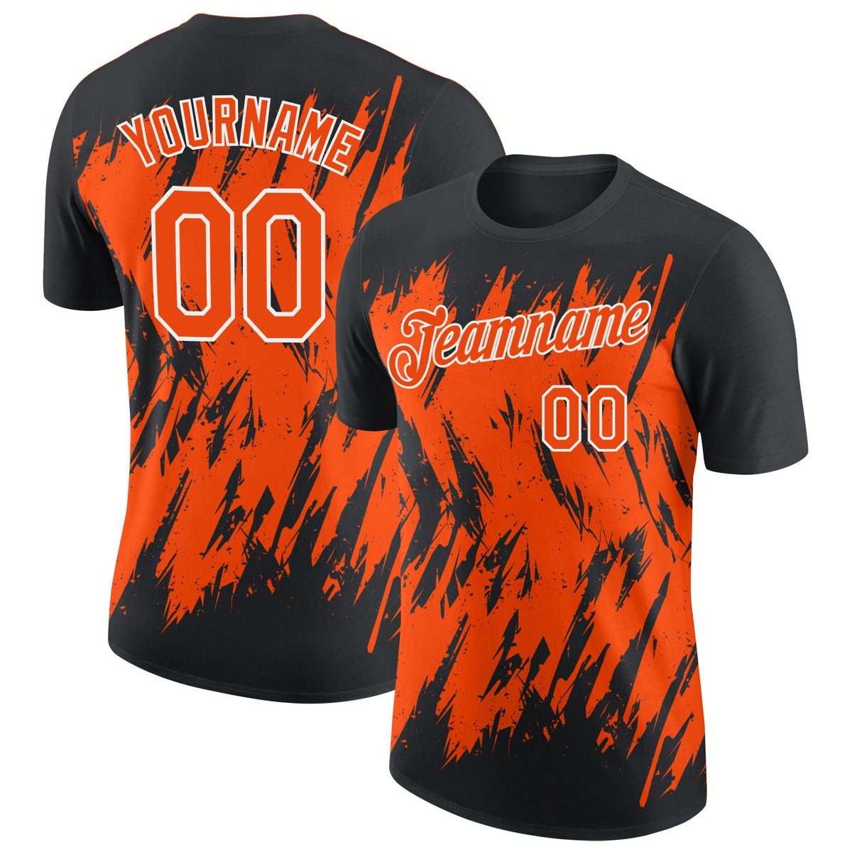 Custom Black Orange-White Torn Sharp Brush Stroke Splatter Performance T-Shirt