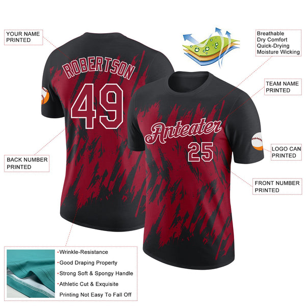 Custom Black Crimson-White Torn Sharp Brush Stroke Splatter Performance T-Shirt alternate