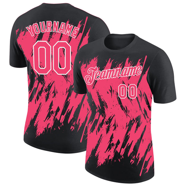 Custom Black Neon Pink-White Torn Sharp Brush Stroke Splatter Performance T-Shirt