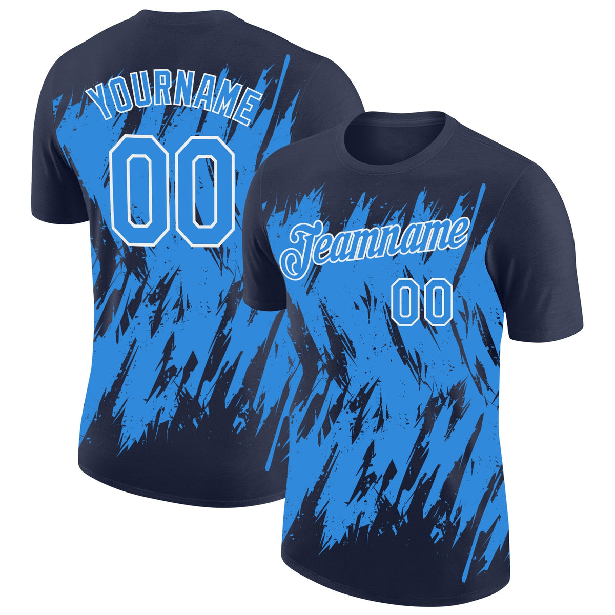 Custom Navy Powder Blue-White Torn Sharp Brush Stroke Splatter Performance T-Shirt