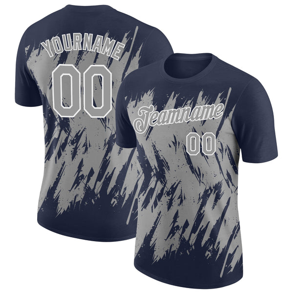 Custom Navy Gray-White Torn Sharp Brush Stroke Splatter Performance T-Shirt