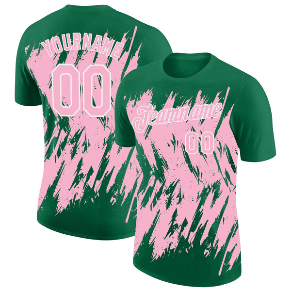 Custom Kelly Green Light Pink-White Torn Sharp Brush Stroke Splatter Performance T-Shirt