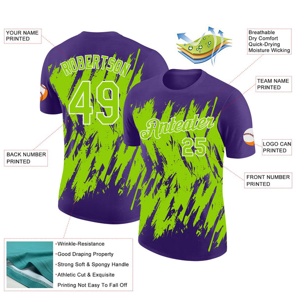 Custom Purple Neon Green-White Torn Sharp Brush Stroke Splatter Performance T-Shirt alternate