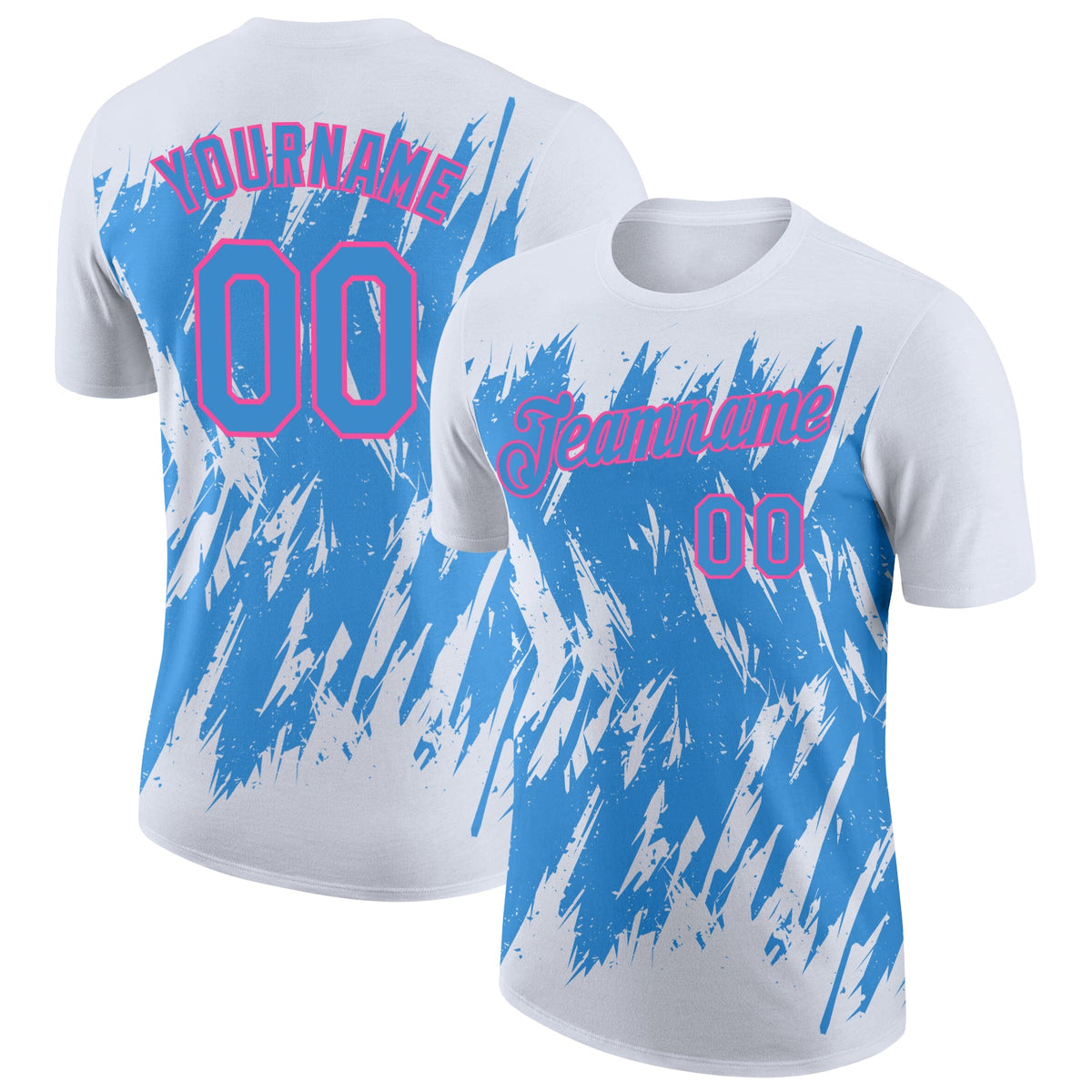 Custom White Powder Blue-Pink Torn Sharp Brush Stroke Splatter Performance T-Shirt
