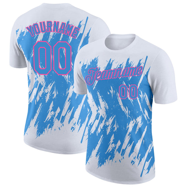 Custom White Powder Blue-Pink Torn Sharp Brush Stroke Splatter Performance T-Shirt