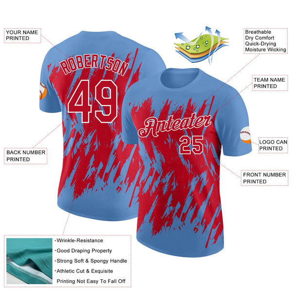 Custom Light Blue Red-White Torn Sharp Brush Stroke Splatter Performance T-Shirt alternate