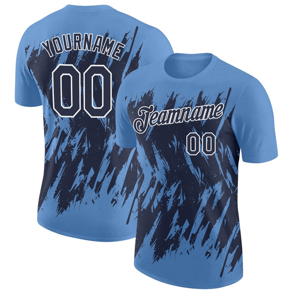 Custom Light Blue Navy-White Torn Sharp Brush Stroke Splatter Performance T-Shirt