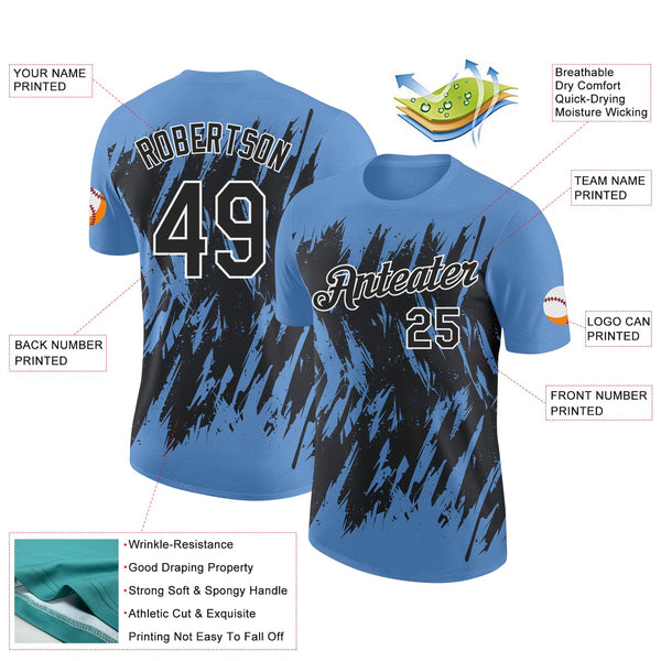 Custom Light Blue Black-White Torn Sharp Brush Stroke Splatter Performance T-Shirt alternate