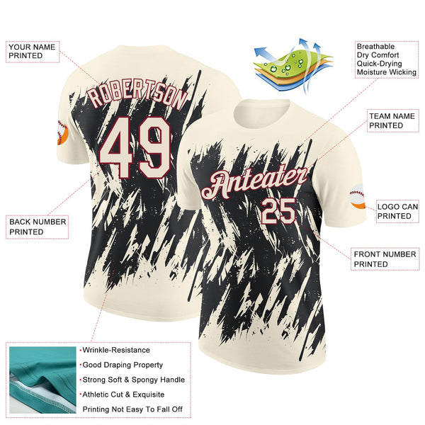 Custom Cream Black-Crimson Torn Sharp Brush Stroke Splatter Performance T-Shirt alternate