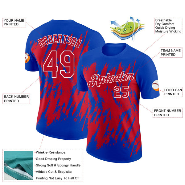 Custom Thunder Blue Red-White Torn Sharp Brush Stroke Splatter Performance T-Shirt alternate