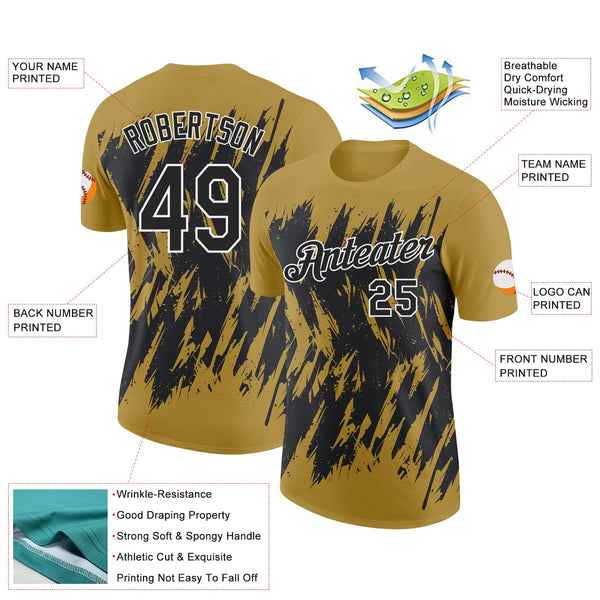 Custom Old Gold Black-White Torn Sharp Brush Stroke Splatter Performance T-Shirt alternate