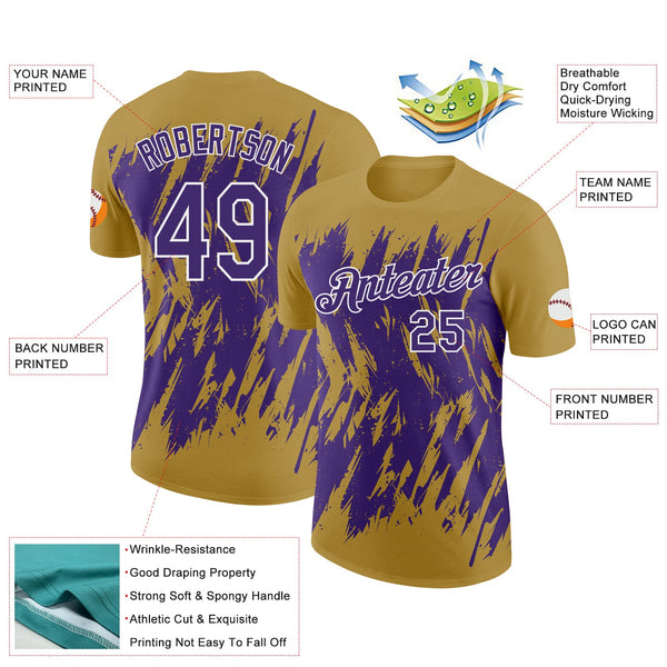 Custom Old Gold Purple-White Torn Sharp Brush Stroke Splatter Performance T-Shirt alternate