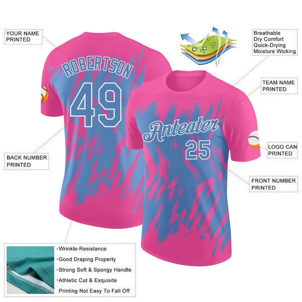 Custom Pink Light Blue-White Torn Sharp Brush Stroke Splatter Performance T-Shirt alternate