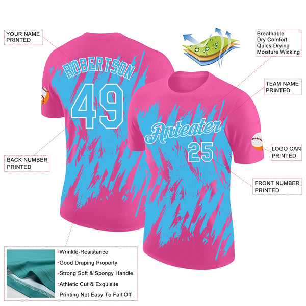 Custom Pink Sky Blue-White Torn Sharp Brush Stroke Splatter Performance T-Shirt alternate