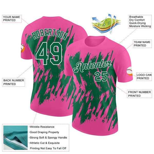 Custom Pink Kelly Green-White Torn Sharp Brush Stroke Splatter Performance T-Shirt alternate