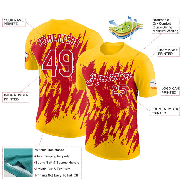 Custom Yellow Red-White Torn Sharp Brush Stroke Splatter Performance T-Shirt alternate