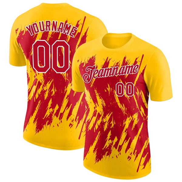 Custom Yellow Red-White Torn Sharp Brush Stroke Splatter Performance T-Shirt