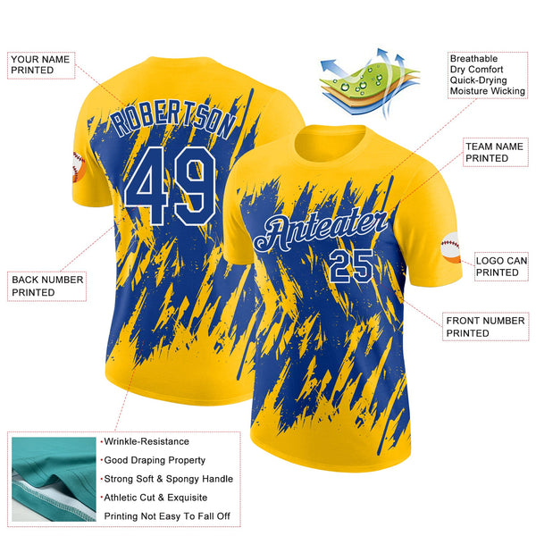 Custom Yellow Royal-White Torn Sharp Brush Stroke Splatter Performance T-Shirt alternate