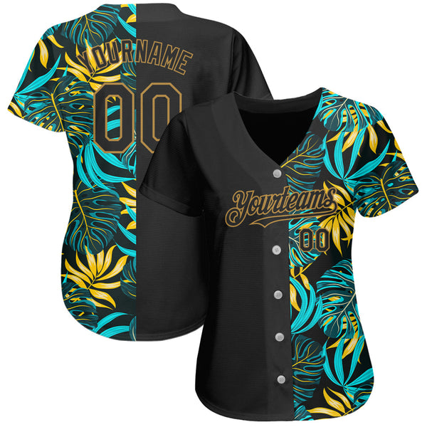 Custom Black Old Gold 3D Pattern Design Hawaii Tropical Palm Leaves Authentic Baseball Jersey alternate